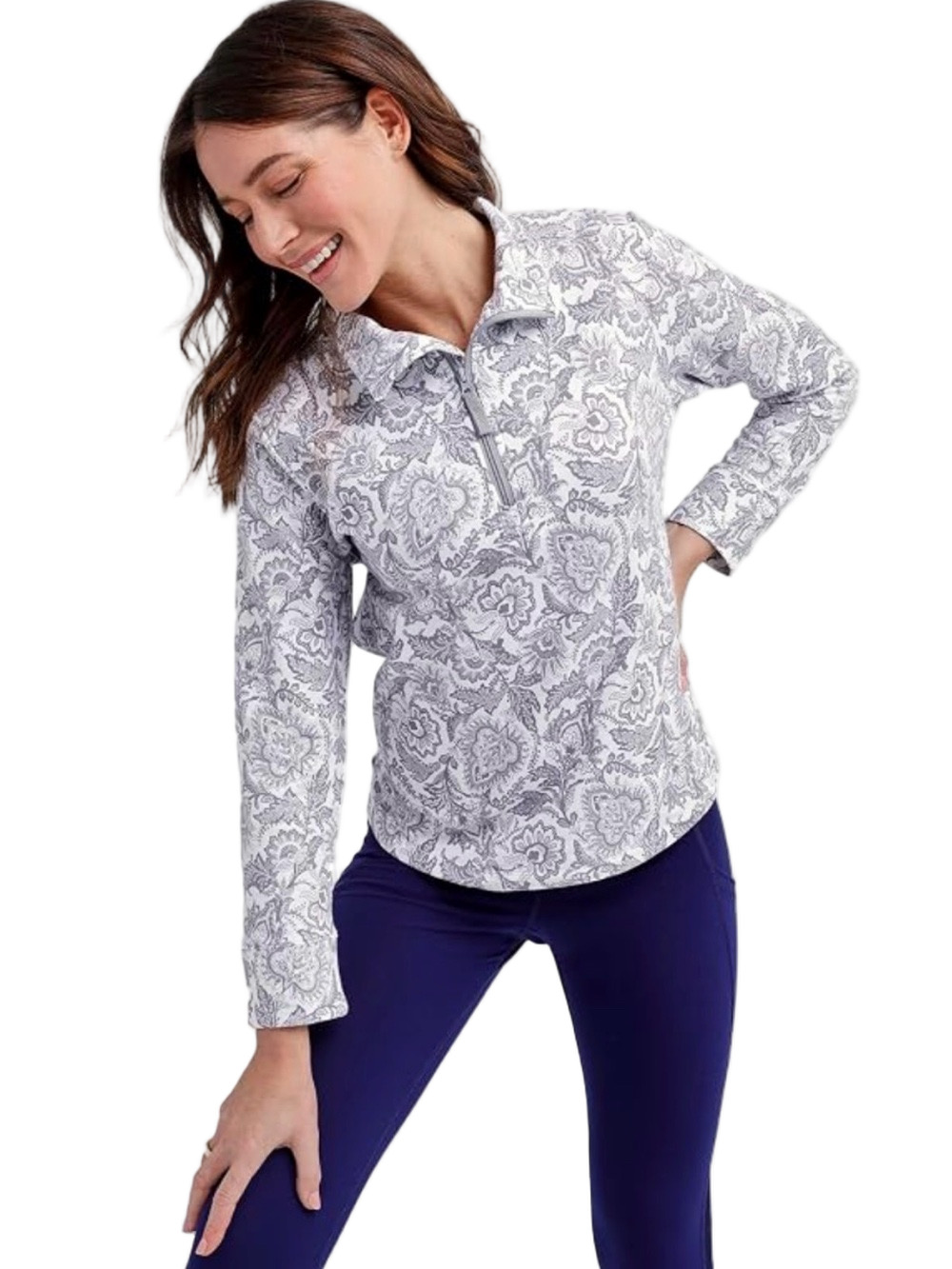 🍒Vera Bradley size M Printed Half-Zip Pullover Top - White & Gray GUC